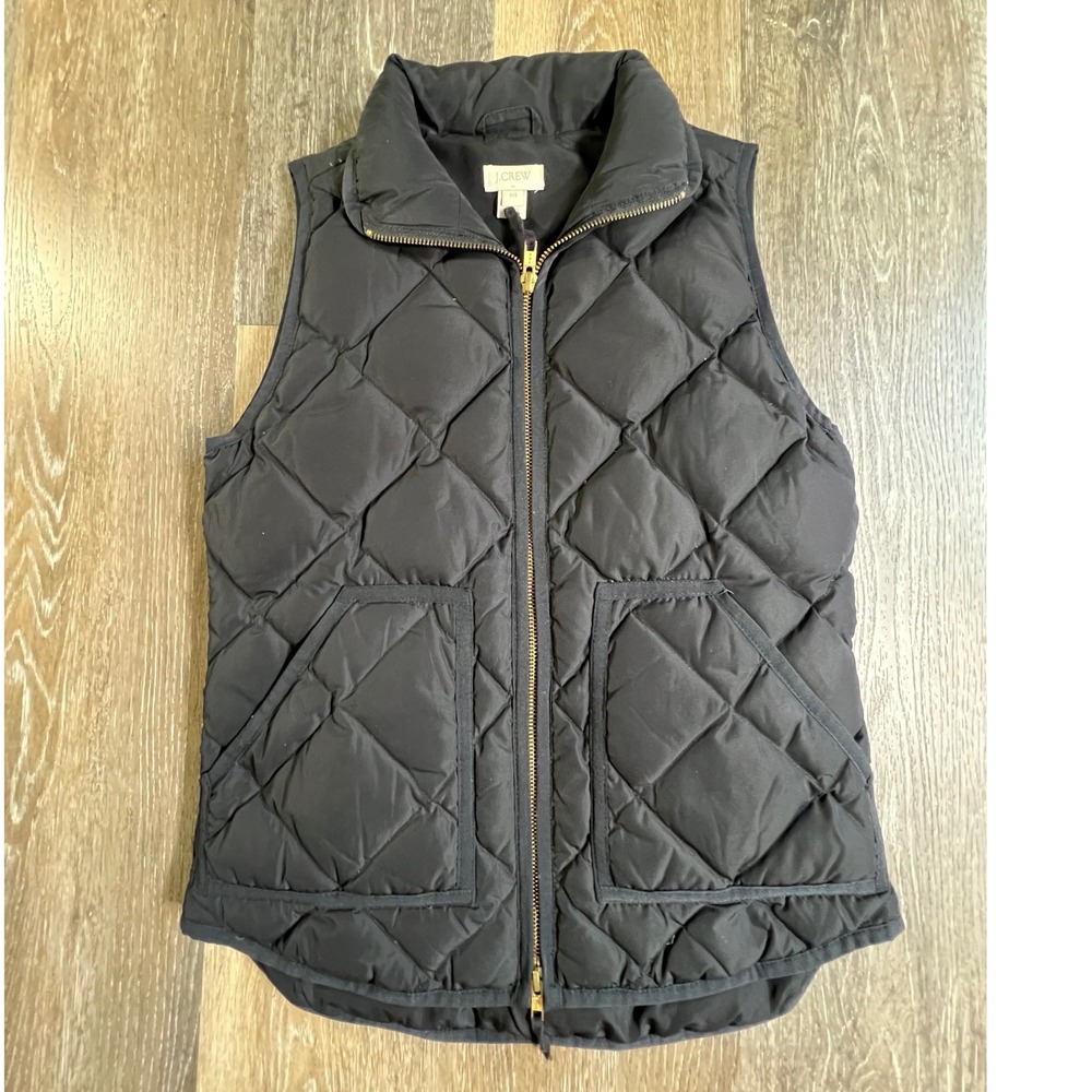 J. Crew Quilted Down Vest Womens XXS Black Excursion Diamond Puffer Gold Zip